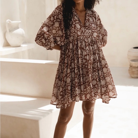 Daughters of India Brown Floral Kyra Mini Dress - Picture 1 of 7
